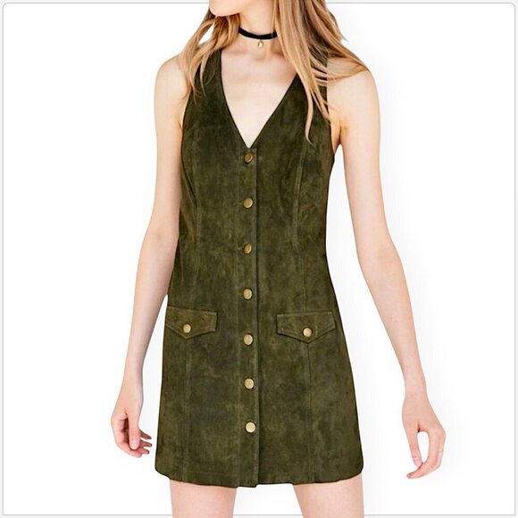 Urban Outfitters Dresses & Skirts - Cooperative UO Paulina Olive Green Suede Leather Button Down Mini Jumper Dress S